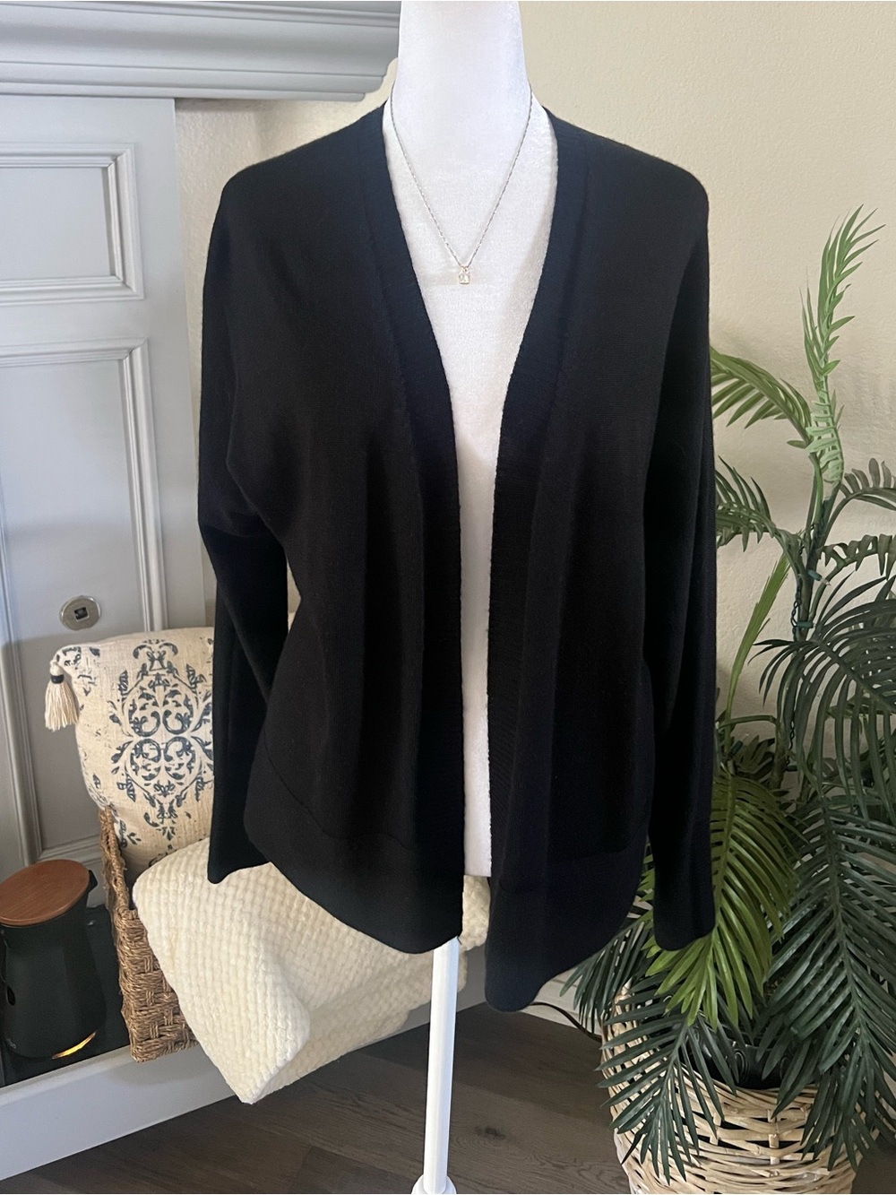 Coldwater Creek Black Merino Wool Open-Front Women's Cardigan Sweater